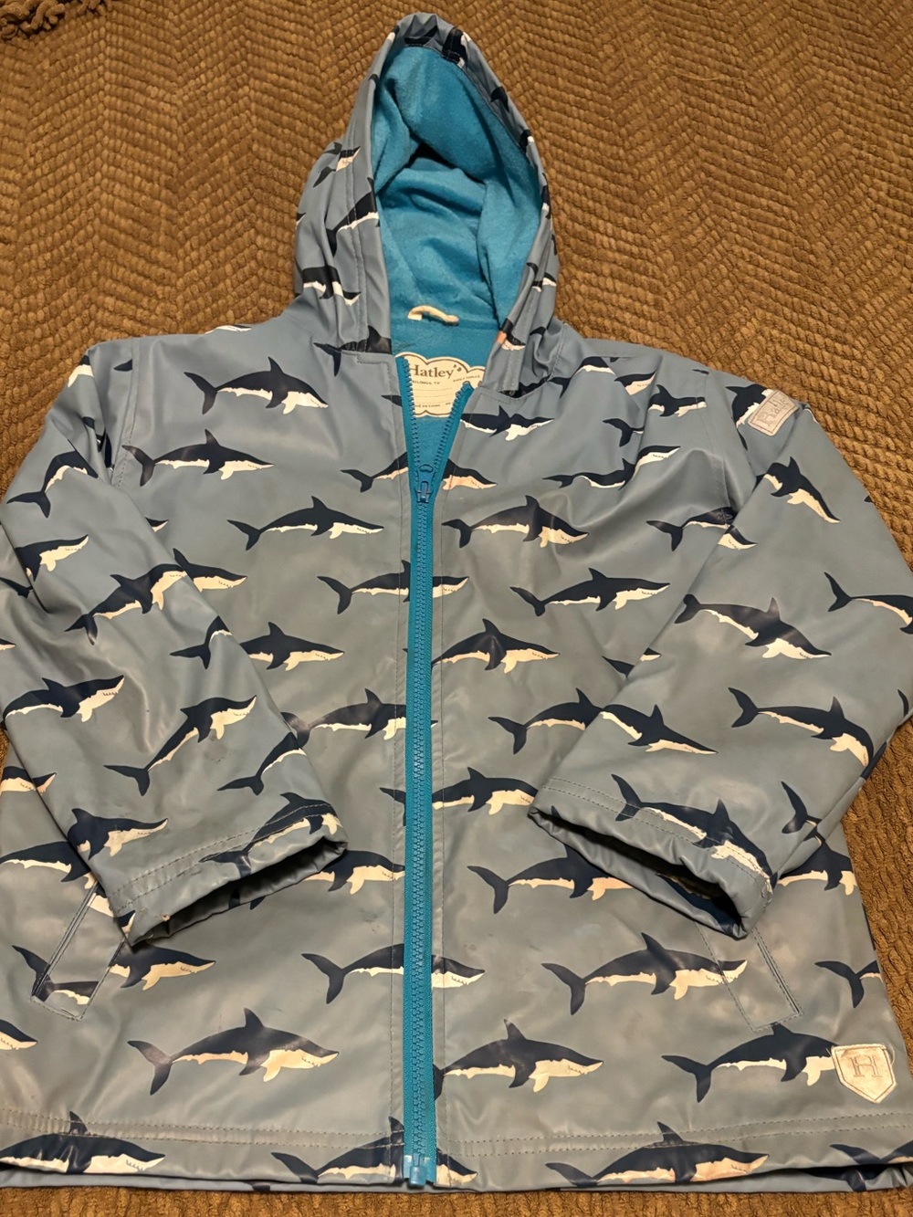 Hatley Light Blue Shark-Print Kids Raincoat with Hood